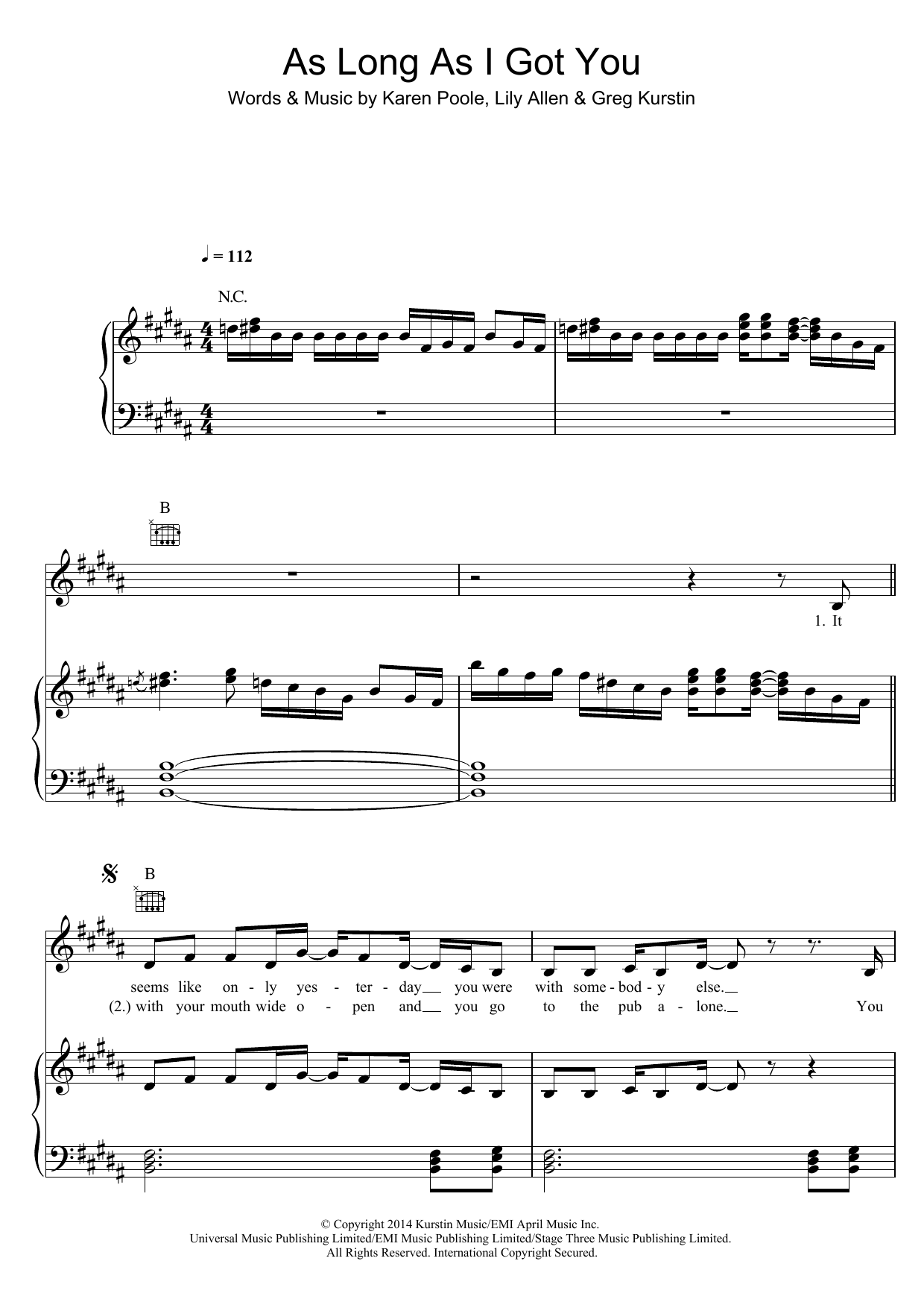 Lily Allen As Long As I Got You sheet music notes and chords arranged for Piano, Vocal & Guitar Chords
