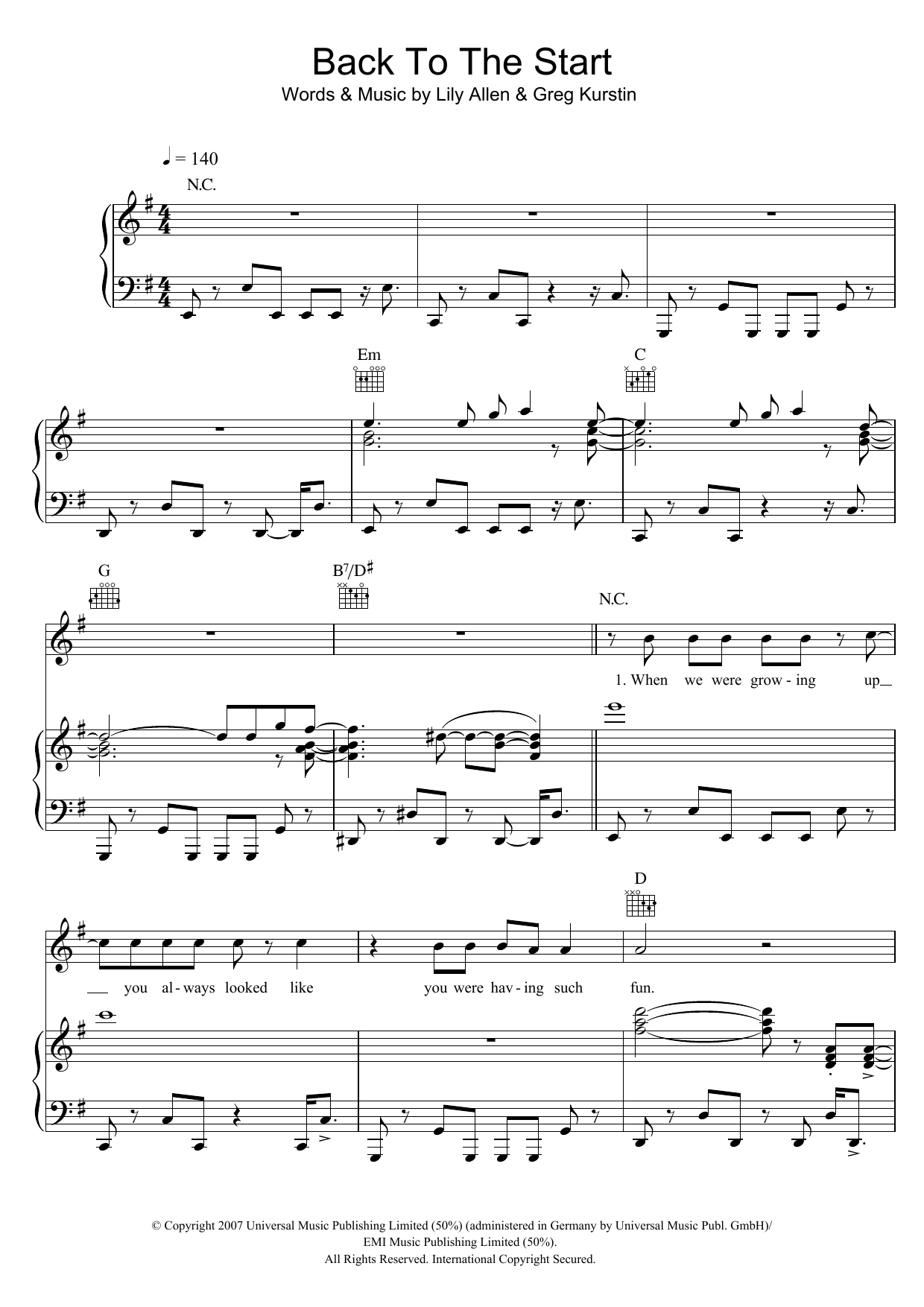 Lily Allen Back To The Start sheet music notes and chords arranged for Piano, Vocal & Guitar Chords