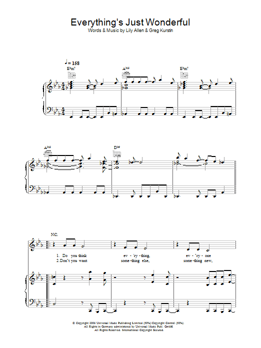 Lily Allen Everything's Just Wonderful sheet music notes and chords arranged for Piano, Vocal & Guitar Chords