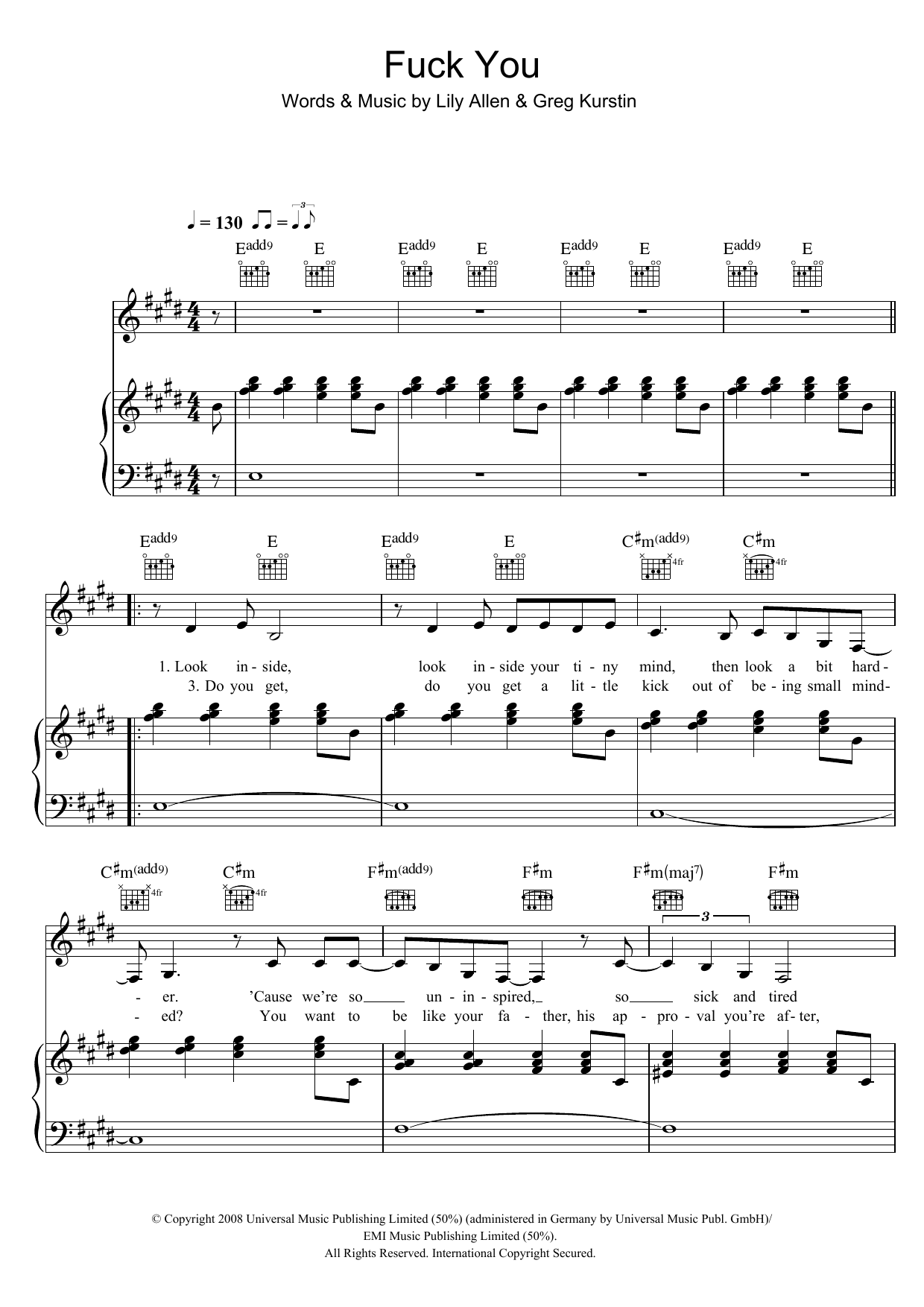 Lily Allen Fuck You sheet music notes and chords arranged for Piano, Vocal & Guitar Chords