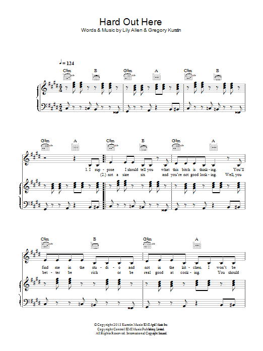 Lily Allen Hard Out Here sheet music notes and chords arranged for Piano, Vocal & Guitar Chords