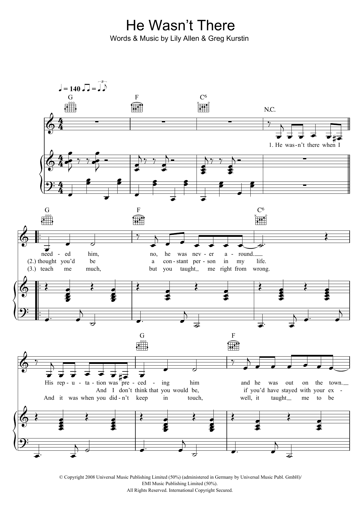Lily Allen He Wasn't There sheet music notes and chords arranged for Piano, Vocal & Guitar Chords