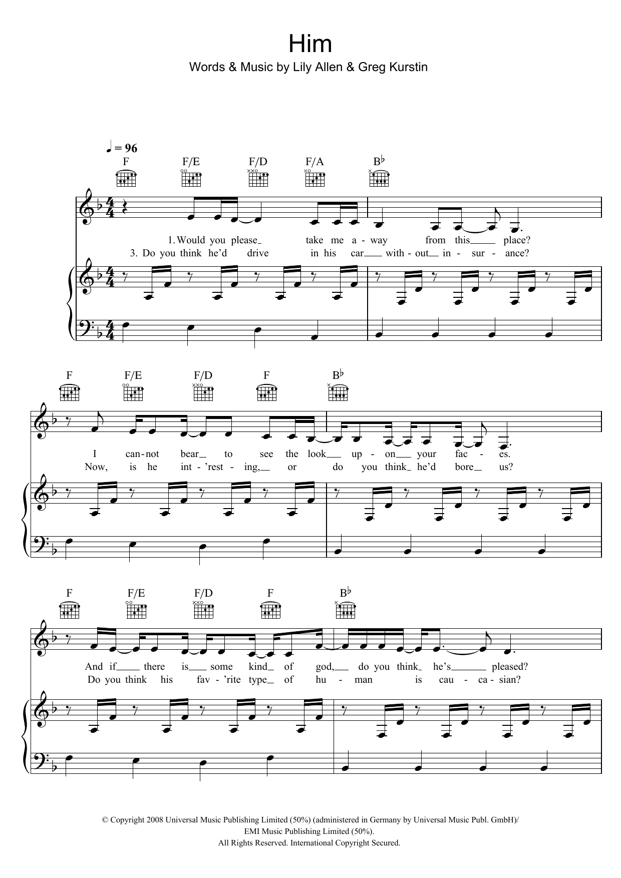 Lily Allen Him sheet music notes and chords arranged for Piano, Vocal & Guitar Chords