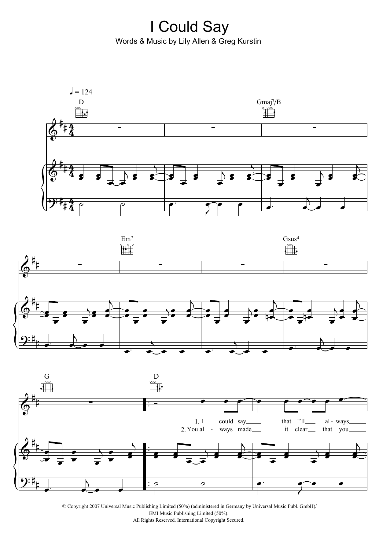 Lily Allen I Could Say sheet music notes and chords arranged for Piano, Vocal & Guitar Chords