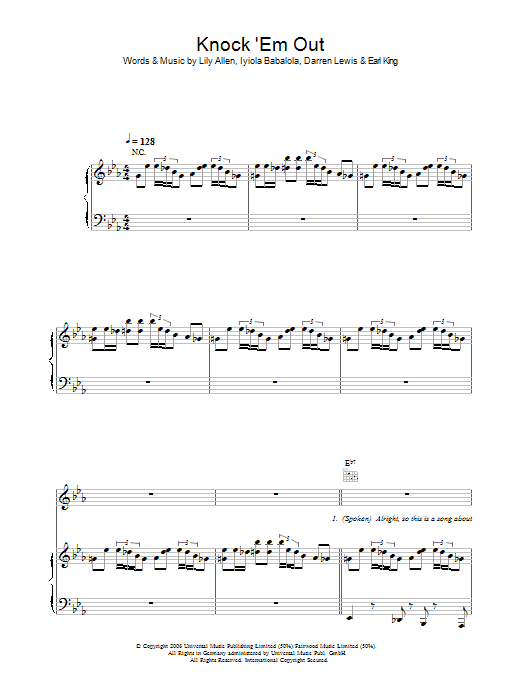 Lily Allen Knock 'Em Out sheet music notes and chords arranged for Piano, Vocal & Guitar Chords