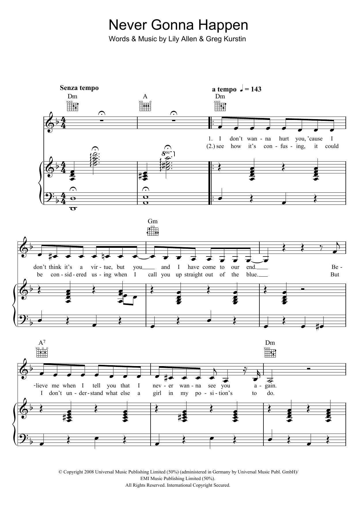 Lily Allen Never Gonna Happen sheet music notes and chords arranged for Piano, Vocal & Guitar Chords
