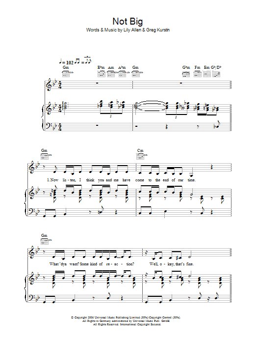 Lily Allen Not Big sheet music notes and chords arranged for Piano, Vocal & Guitar Chords