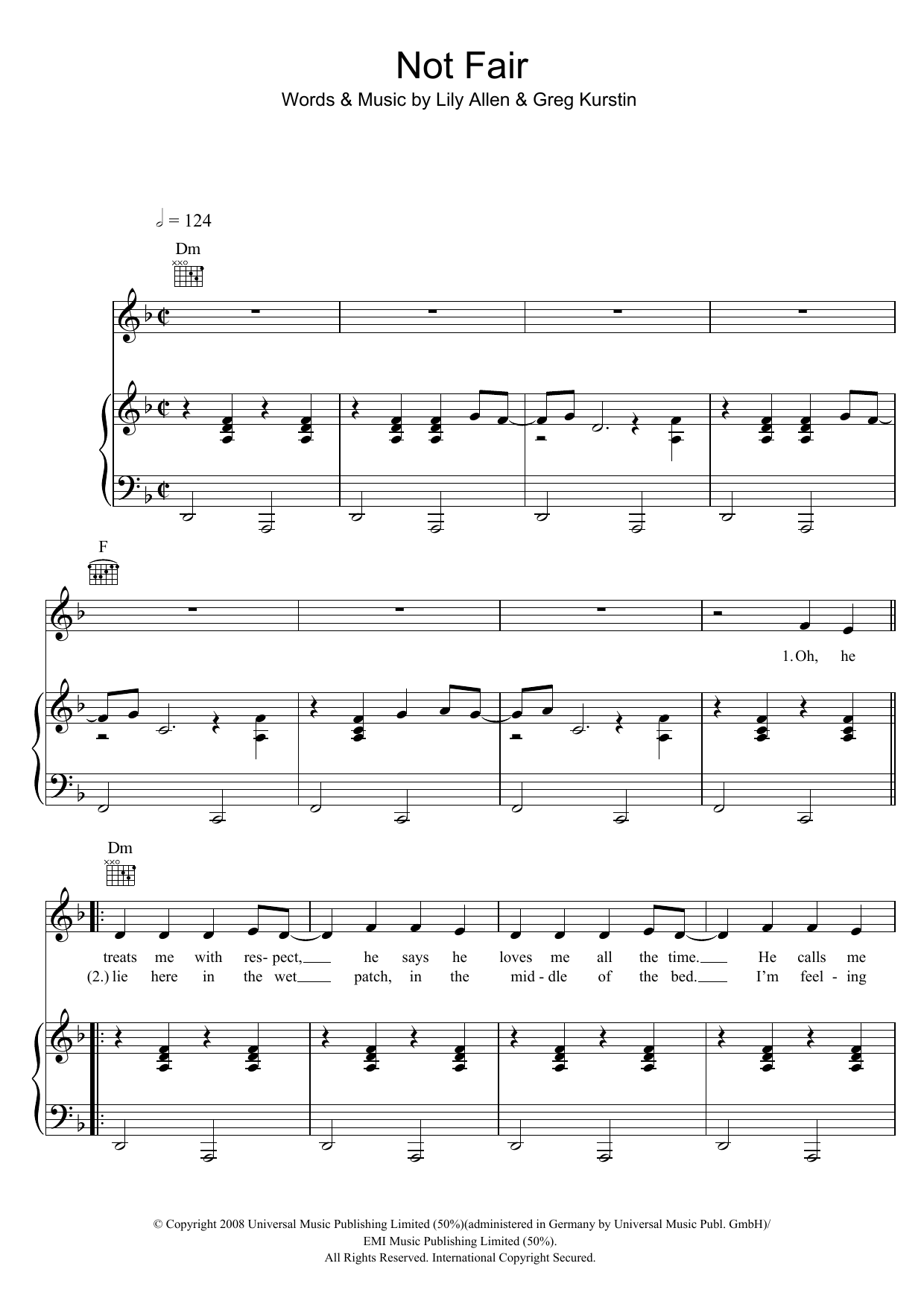 Lily Allen Not Fair sheet music notes and chords arranged for Piano, Vocal & Guitar Chords