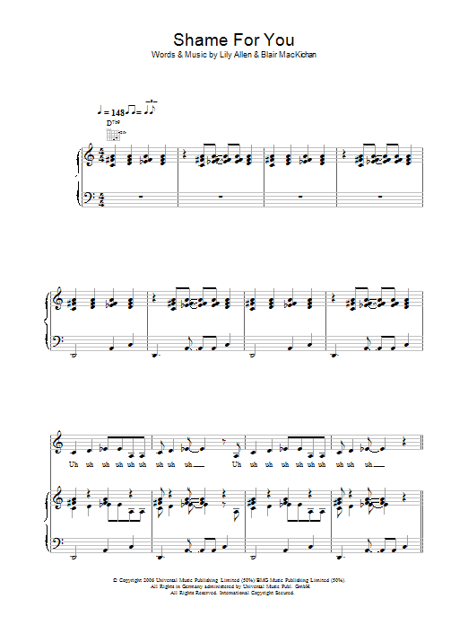 Lily Allen Shame For You sheet music notes and chords arranged for Piano, Vocal & Guitar Chords
