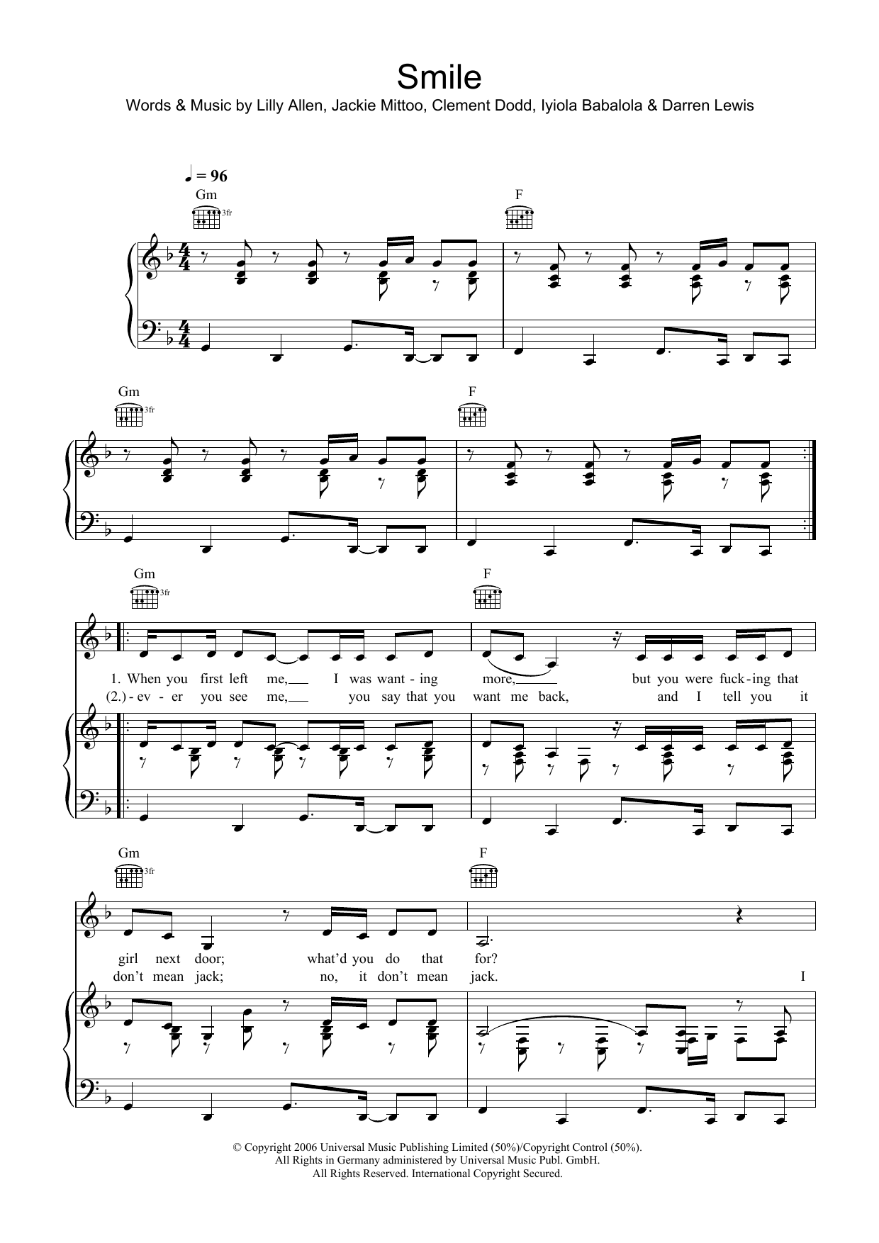 Lily Allen Smile sheet music notes and chords arranged for Piano Chords/Lyrics