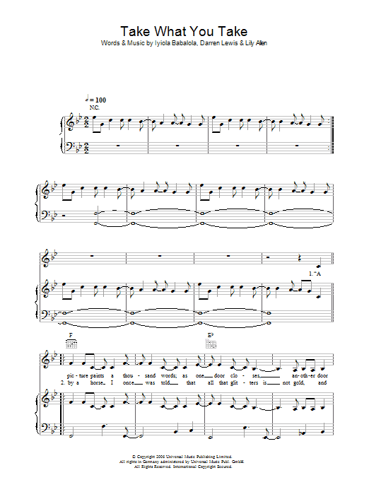 Lily Allen Take What You Take sheet music notes and chords arranged for Piano, Vocal & Guitar Chords