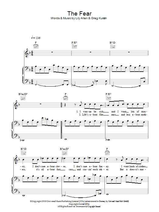 Lily Allen The Fear sheet music notes and chords arranged for Piano Chords/Lyrics