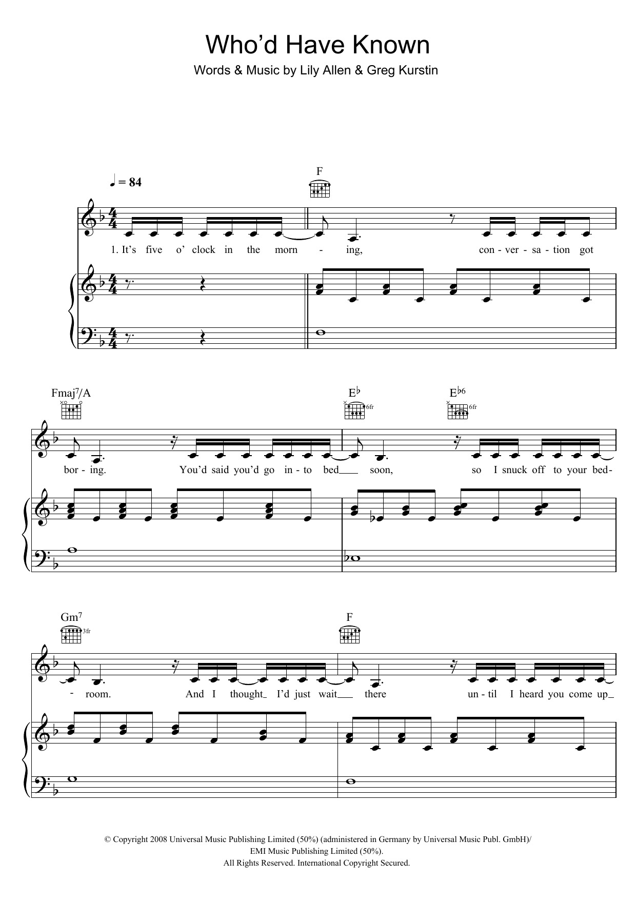Lily Allen Who'd Have Known sheet music notes and chords arranged for Piano, Vocal & Guitar Chords