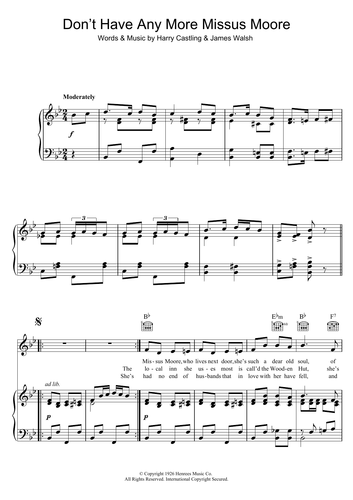 Lily Morris Don't Have Any More Missus Moore sheet music notes and chords arranged for Piano, Vocal & Guitar Chords