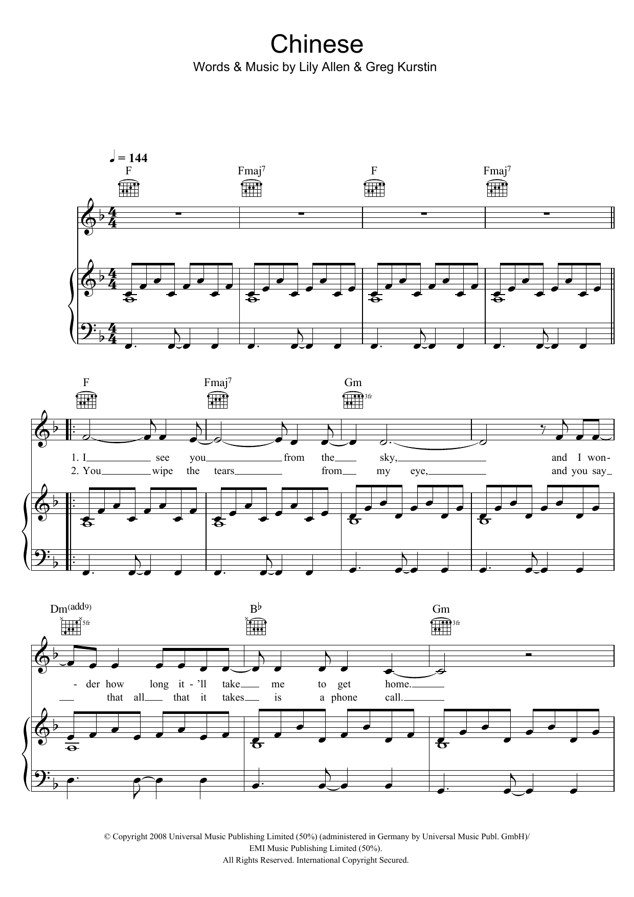 Lily Allen Chinese sheet music notes and chords arranged for Piano, Vocal & Guitar Chords