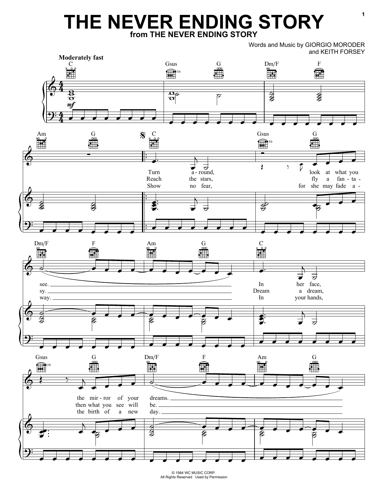 Limahl The Never Ending Story sheet music notes and chords arranged for Piano, Vocal & Guitar Chords (Right-Hand Melody)