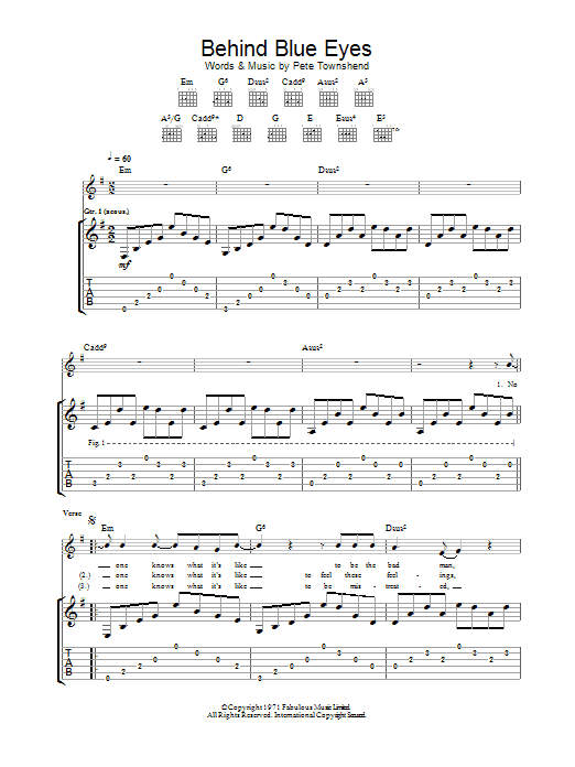 Limp Bizkit Behind Blue Eyes sheet music notes and chords arranged for Lead Sheet / Fake Book