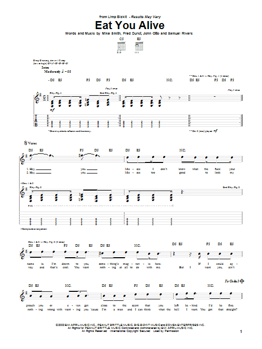 Limp Bizkit Eat You Alive sheet music notes and chords arranged for Guitar Tab