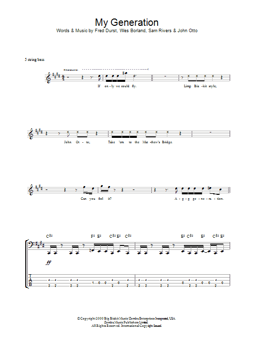 Limp Bizkit My Generation sheet music notes and chords arranged for Bass Guitar Tab