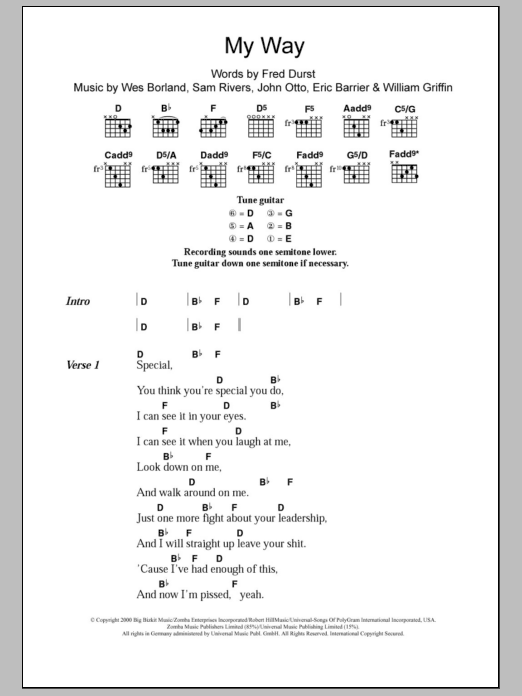 Limp Bizkit My Way sheet music notes and chords arranged for Guitar Chords/Lyrics