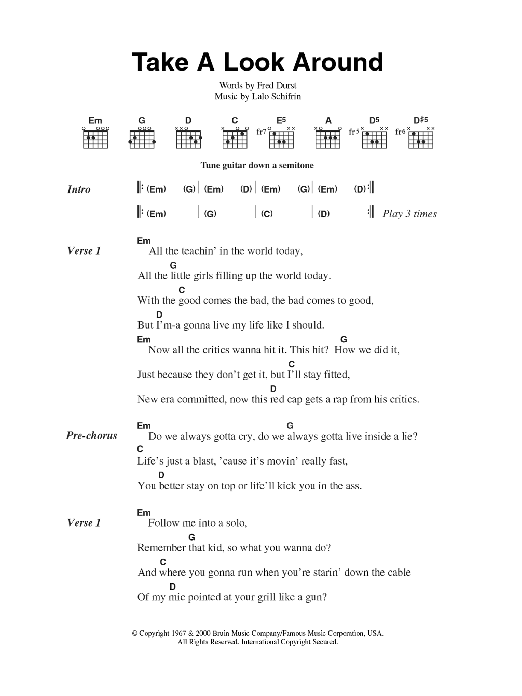 Limp Bizkit Take A Look Around (theme from Mission Impossible 2 ) sheet music notes and chords arranged for Guitar Chords/Lyrics
