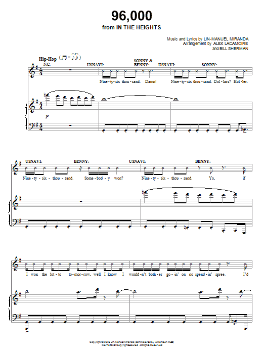 Lin-Manuel Miranda 96,000 (from In The Heights: The Musical) sheet music notes and chords arranged for Piano, Vocal & Guitar Chords (Right-Hand Melody)
