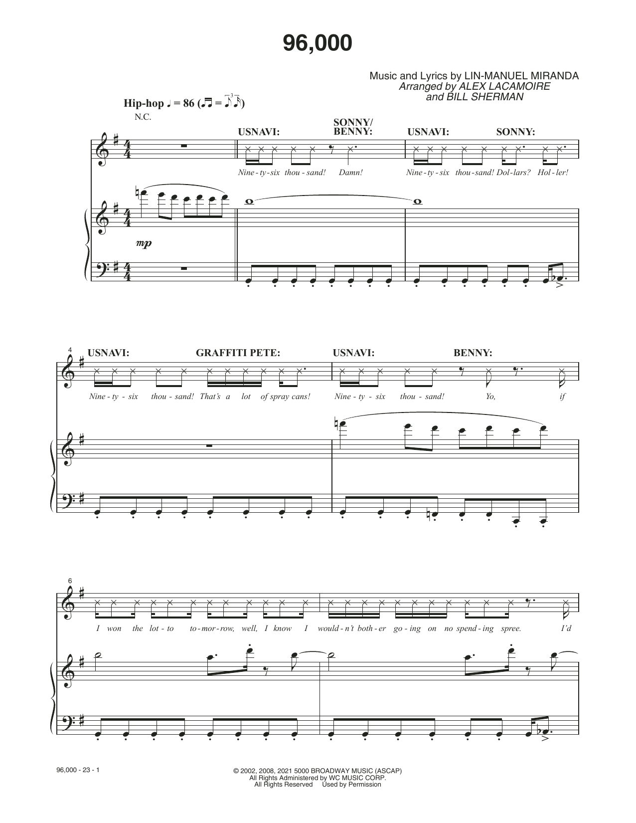 Lin-Manuel Miranda 96,000 (from the Motion Picture In The Heights) sheet music notes and chords arranged for Piano, Vocal & Guitar Chords