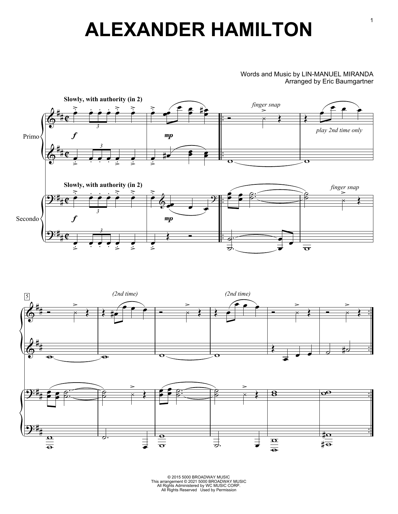 Lin-Manuel Miranda Alexander Hamilton (from Hamilton) (arr. Eric Baumgartner) sheet music notes and chords arranged for Piano Duet