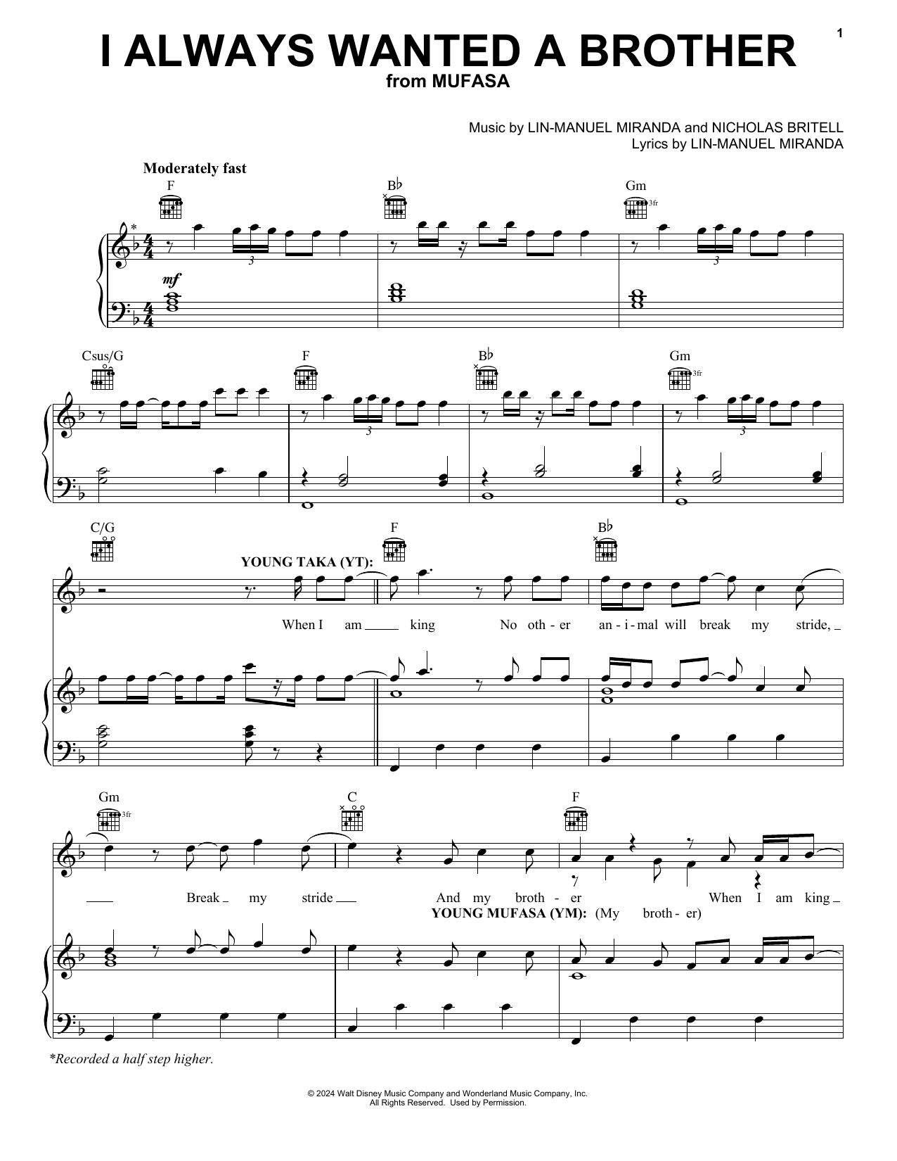 Lin-Manuel Miranda and Nicholas Britell I Always Wanted A Brother (from Mufasa: The Lion King) sheet music notes and chords arranged for Piano, Vocal & Guitar Chords (Right-Hand Melody)