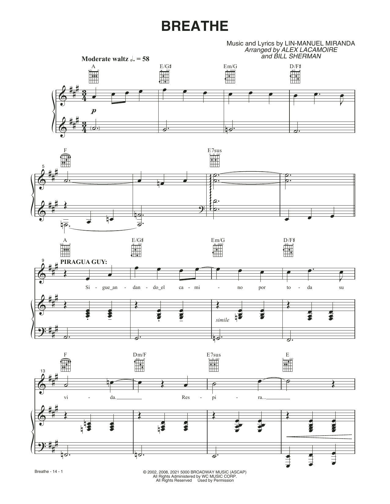 Lin-Manuel Miranda Breathe (from the Motion Picture In The Heights) sheet music notes and chords arranged for Piano, Vocal & Guitar Chords
