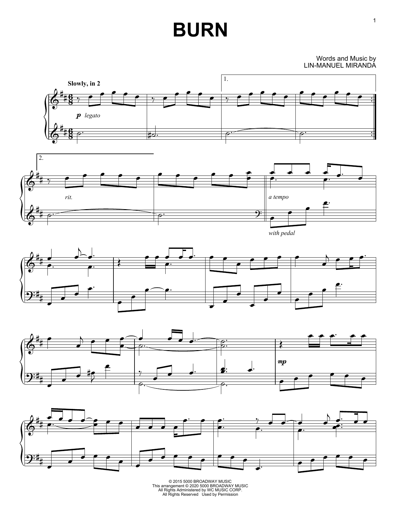 Lin-Manuel Miranda Burn (from Hamilton) (arr. David Pearl) sheet music notes and chords arranged for Piano Solo