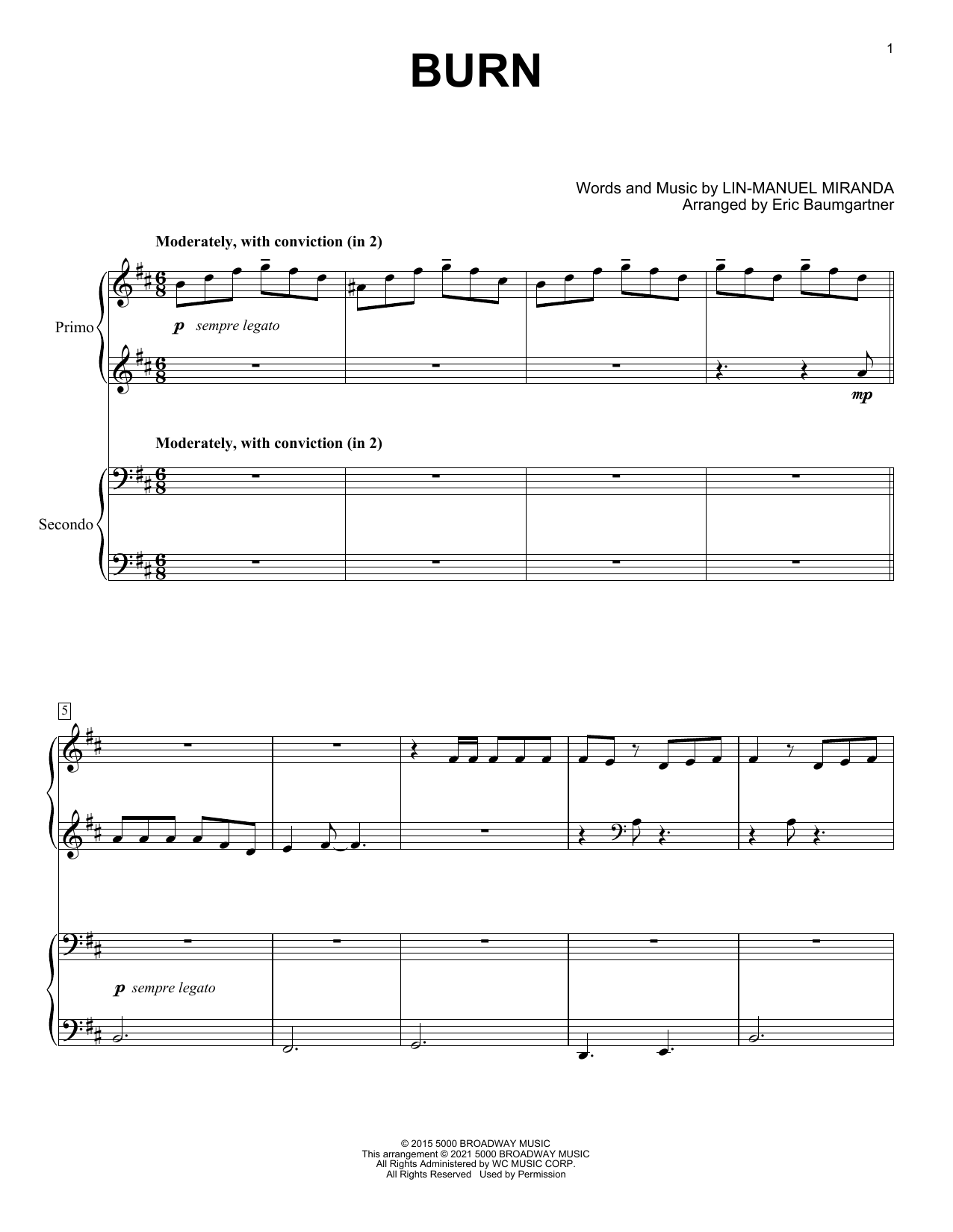 Lin-Manuel Miranda Burn (from Hamilton) (arr. Eric Baumgartner) sheet music notes and chords arranged for Piano Duet