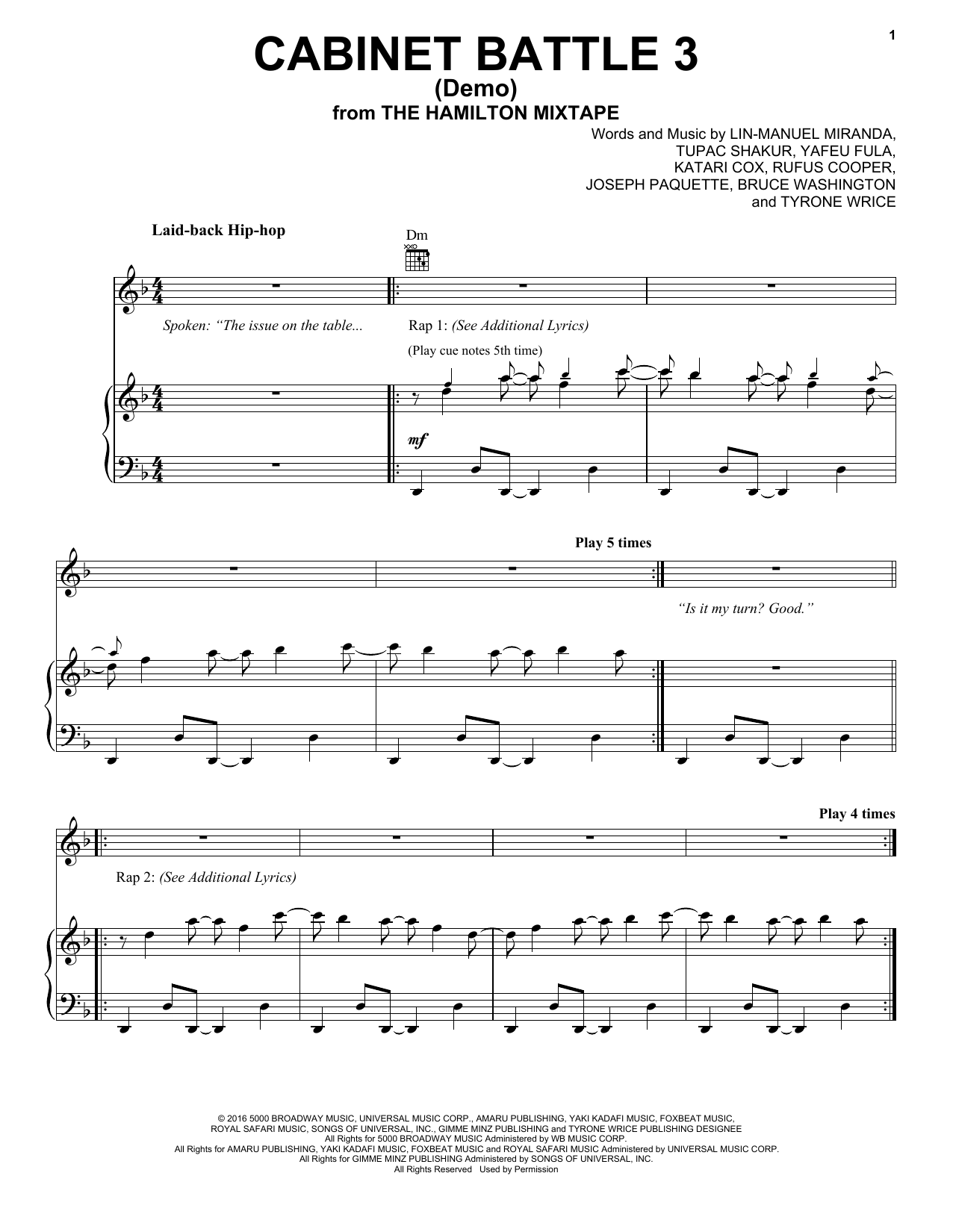 Lin-Manuel Miranda Cabinet Battle 3 (Demo) sheet music notes and chords arranged for Piano, Vocal & Guitar Chords (Right-Hand Melody)