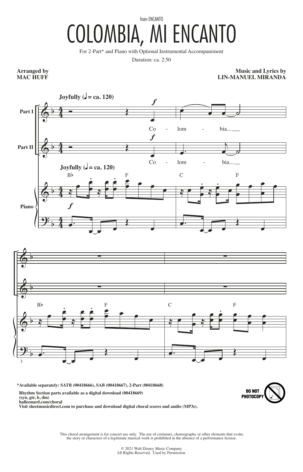 Lin-Manuel Miranda Colombia, Mi Encanto (from Encanto) (arr. Mac Huff) sheet music notes and chords arranged for 2-Part Choir