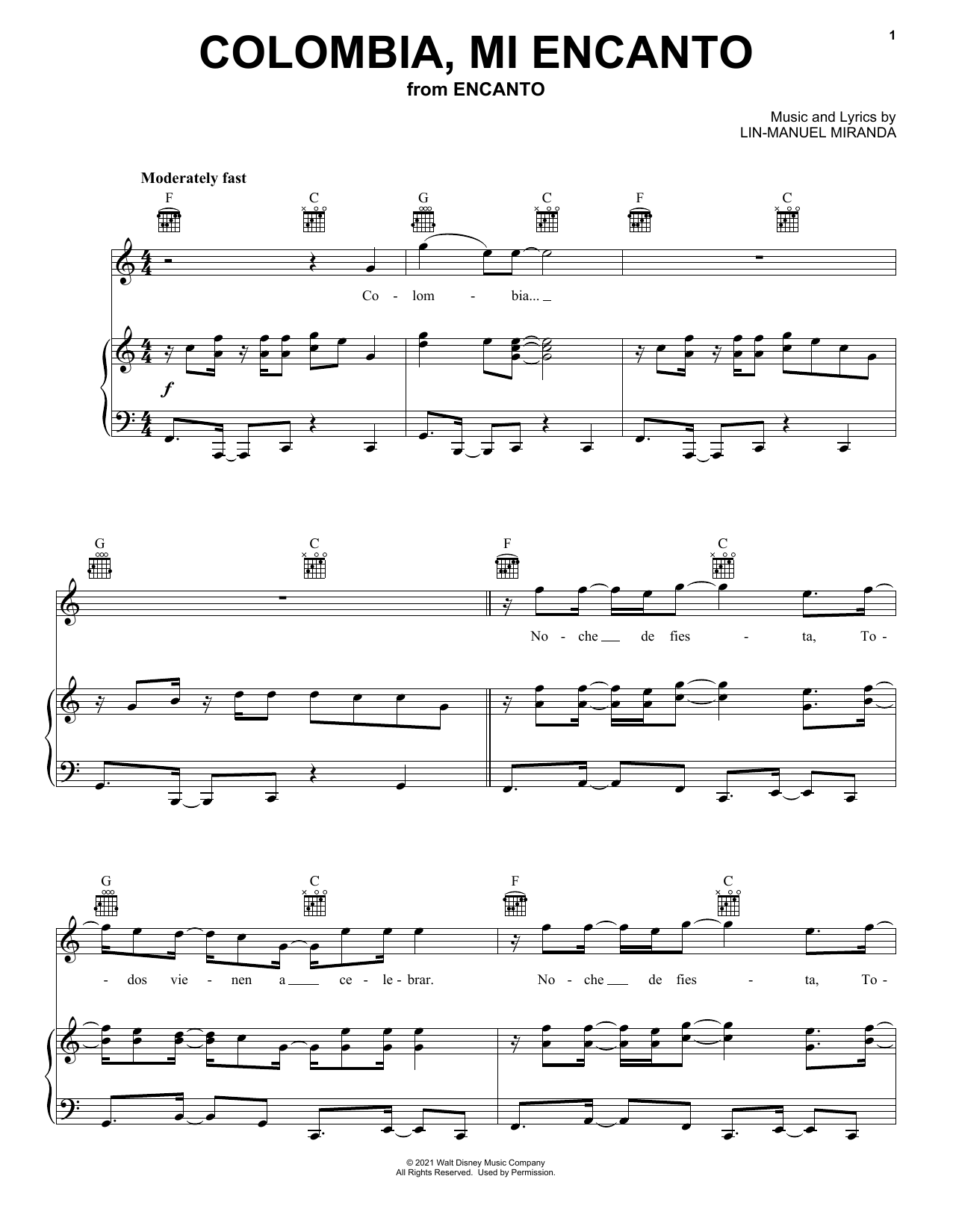 Lin-Manuel Miranda Colombia, Mi Encanto (from Encanto) sheet music notes and chords arranged for Easy Piano