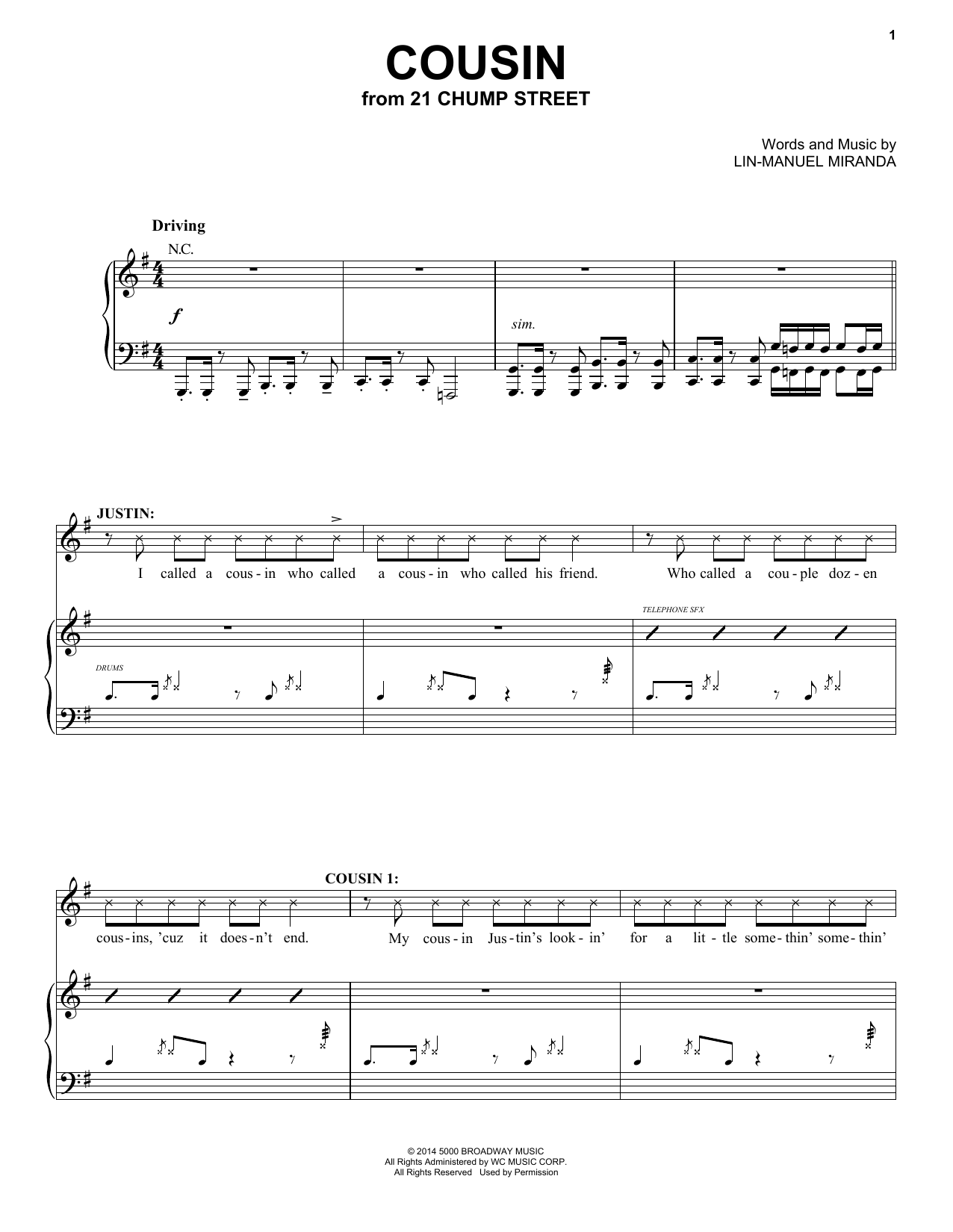 Lin-Manuel Miranda Cousin (from 21 Chump Street) sheet music notes and chords arranged for Piano & Vocal