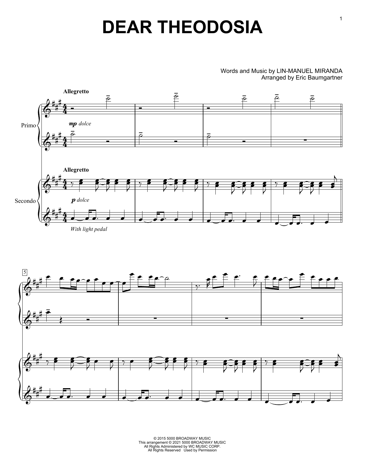 Lin-Manuel Miranda Dear Theodosia (from Hamilton) (arr. Eric Baumgartner) sheet music notes and chords arranged for Piano Duet