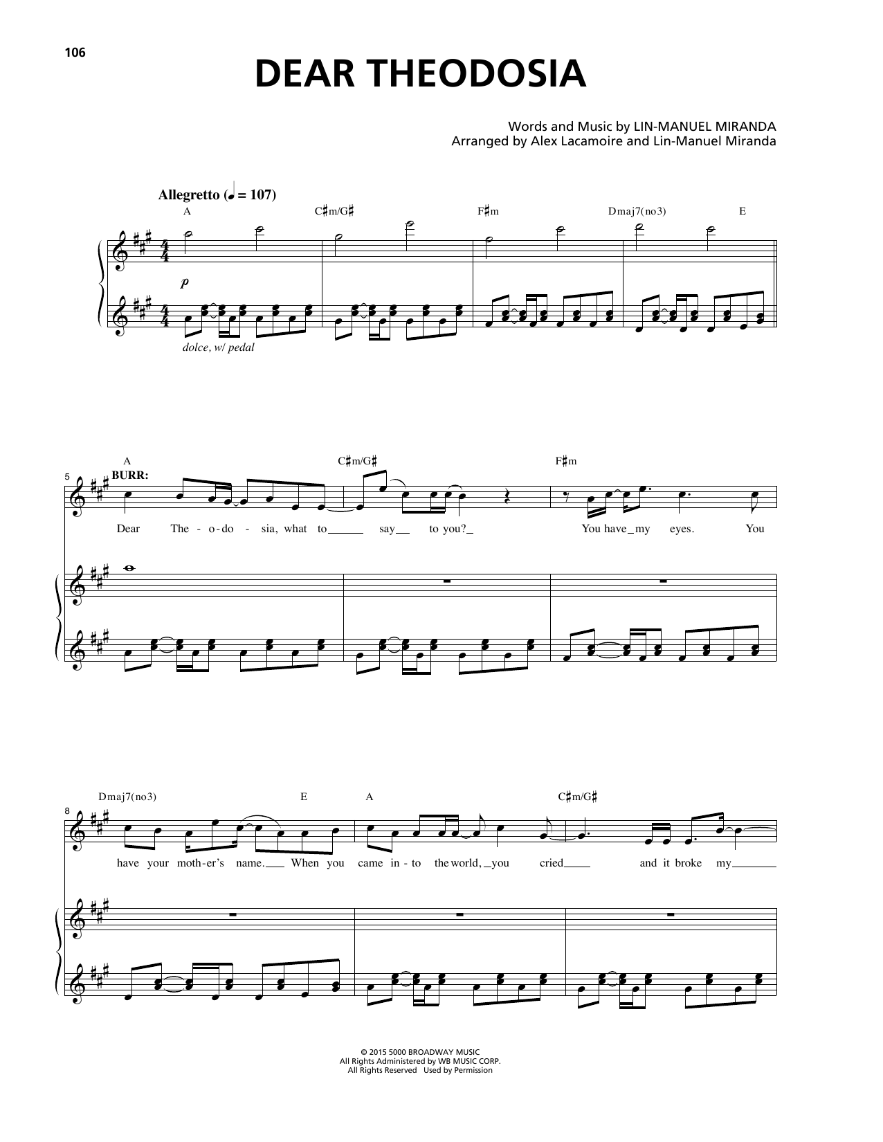 Lin-Manuel Miranda Dear Theodosia (from Hamilton) sheet music notes and chords arranged for Easy Piano