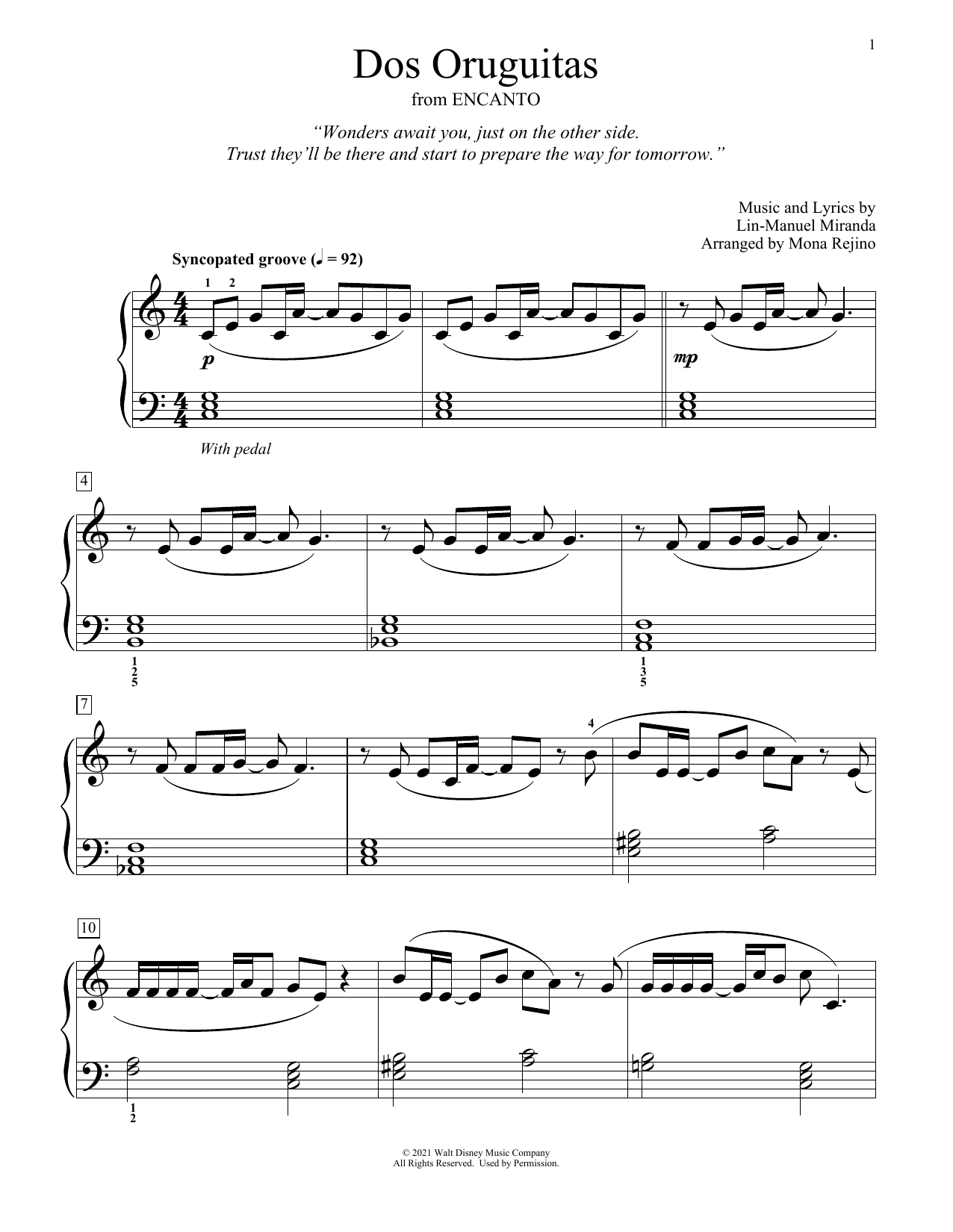 Lin-Manuel Miranda Dos Oruguitas (from Encanto) (arr. Mona Rejino) sheet music notes and chords arranged for Educational Piano