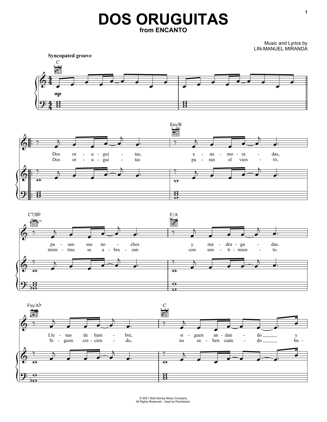 Lin-Manuel Miranda Dos Oruguitas (from Encanto) sheet music notes and chords arranged for Piano & Vocal