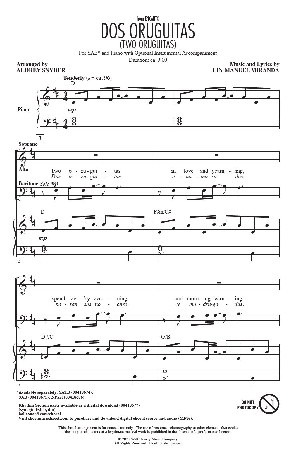 Lin-Manuel Miranda Dos/Two Oruguitas (from Encanto) (arr. Audrey Snyder) sheet music notes and chords arranged for SAB Choir