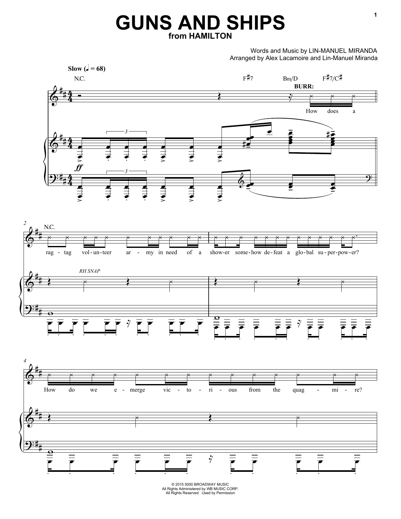 Lin-Manuel Miranda Guns And Ships (from Hamilton) sheet music notes and chords arranged for Piano & Vocal