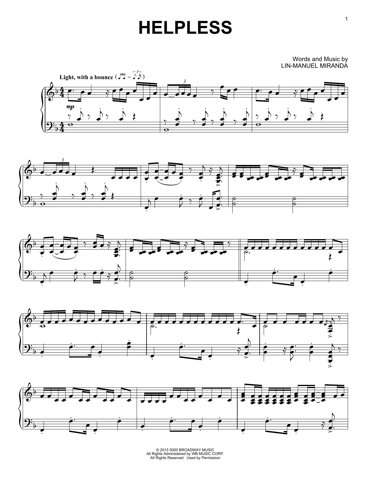 Lin-Manuel Miranda Helpless (from Hamilton) (arr. David Pearl) sheet music notes and chords arranged for Piano Solo