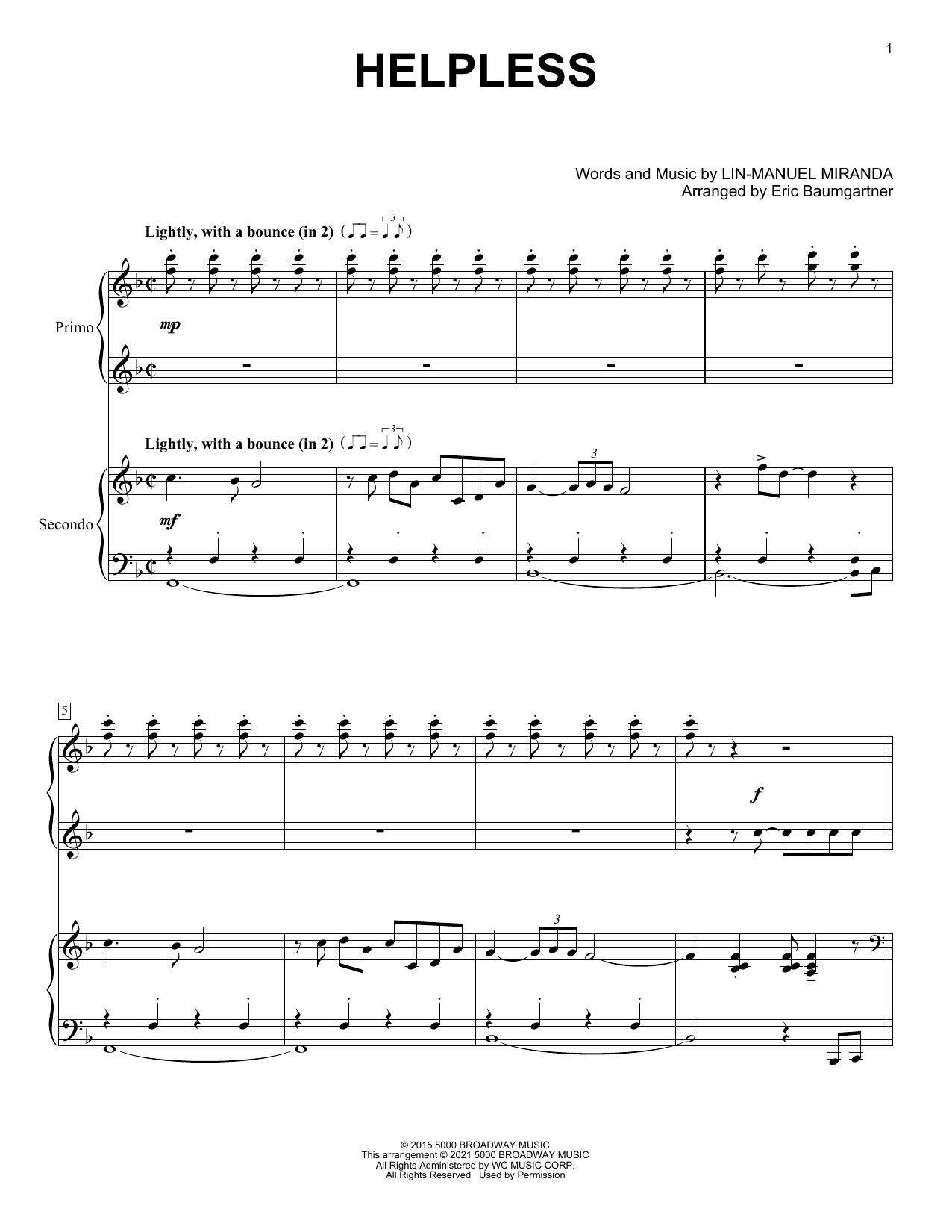 Lin-Manuel Miranda Helpless (from Hamilton) (arr. Eric Baumgartner) sheet music notes and chords arranged for Piano Duet