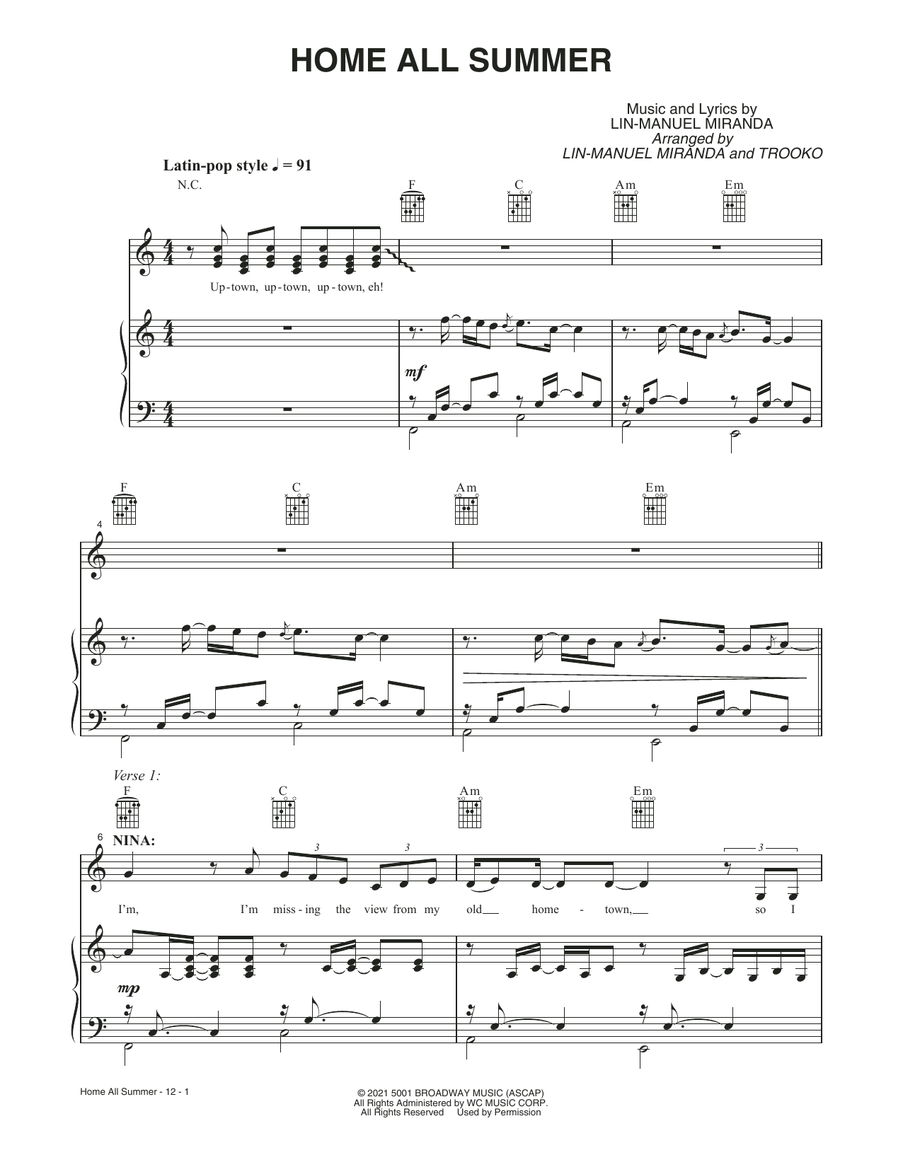 Lin-Manuel Miranda Home All Summer (from the Motion Picture In The Heights) sheet music notes and chords arranged for Piano, Vocal & Guitar Chords