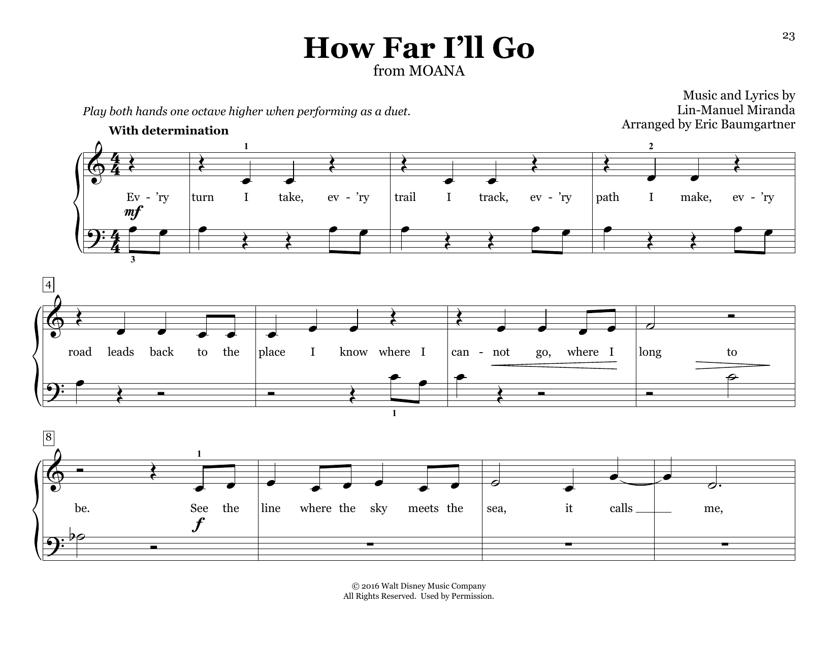 Lin-Manuel Miranda How Far I'll Go (from Moana) (arr. Eric Baumgartner) sheet music notes and chords arranged for Piano Duet