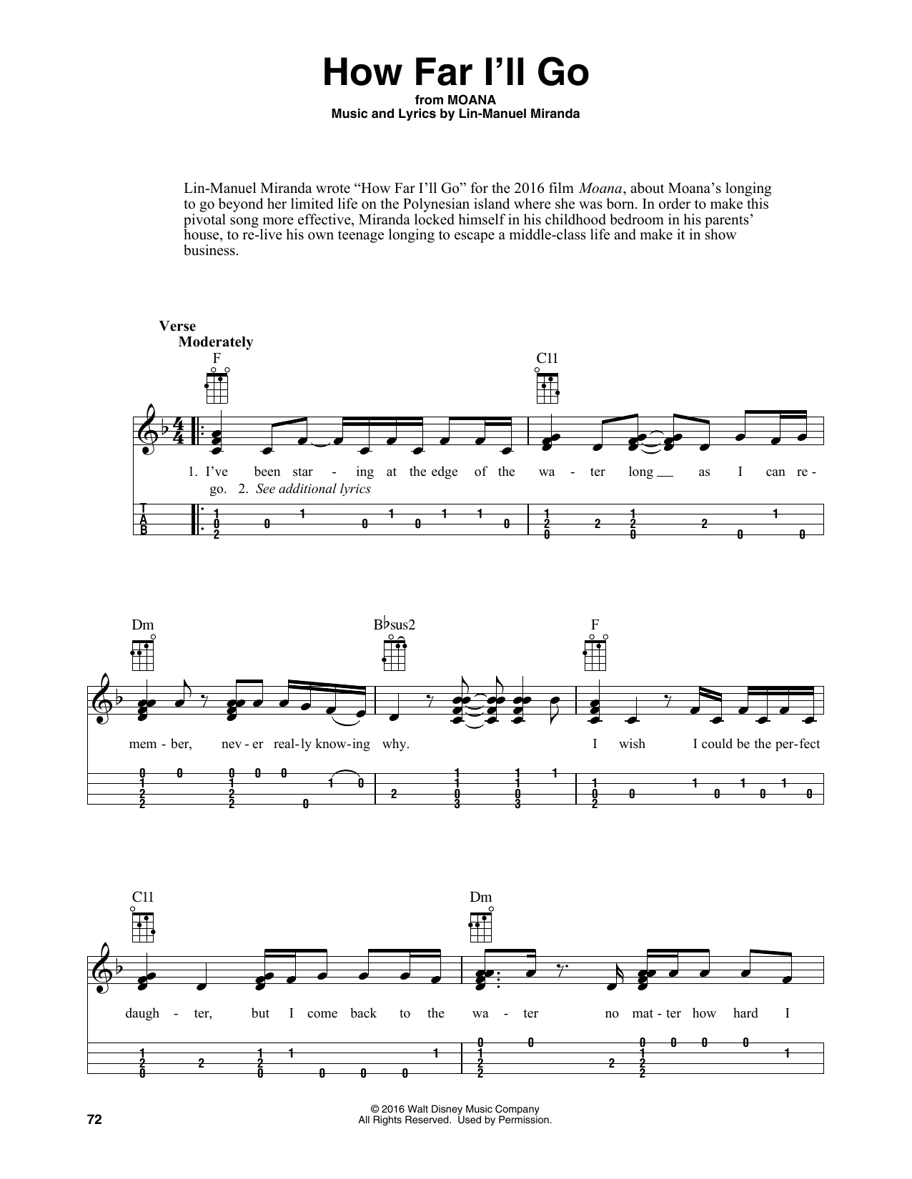 Lin-Manuel Miranda How Far I'll Go (from Moana) (arr. Fred Sokolow) sheet music notes and chords arranged for Easy Ukulele Tab
