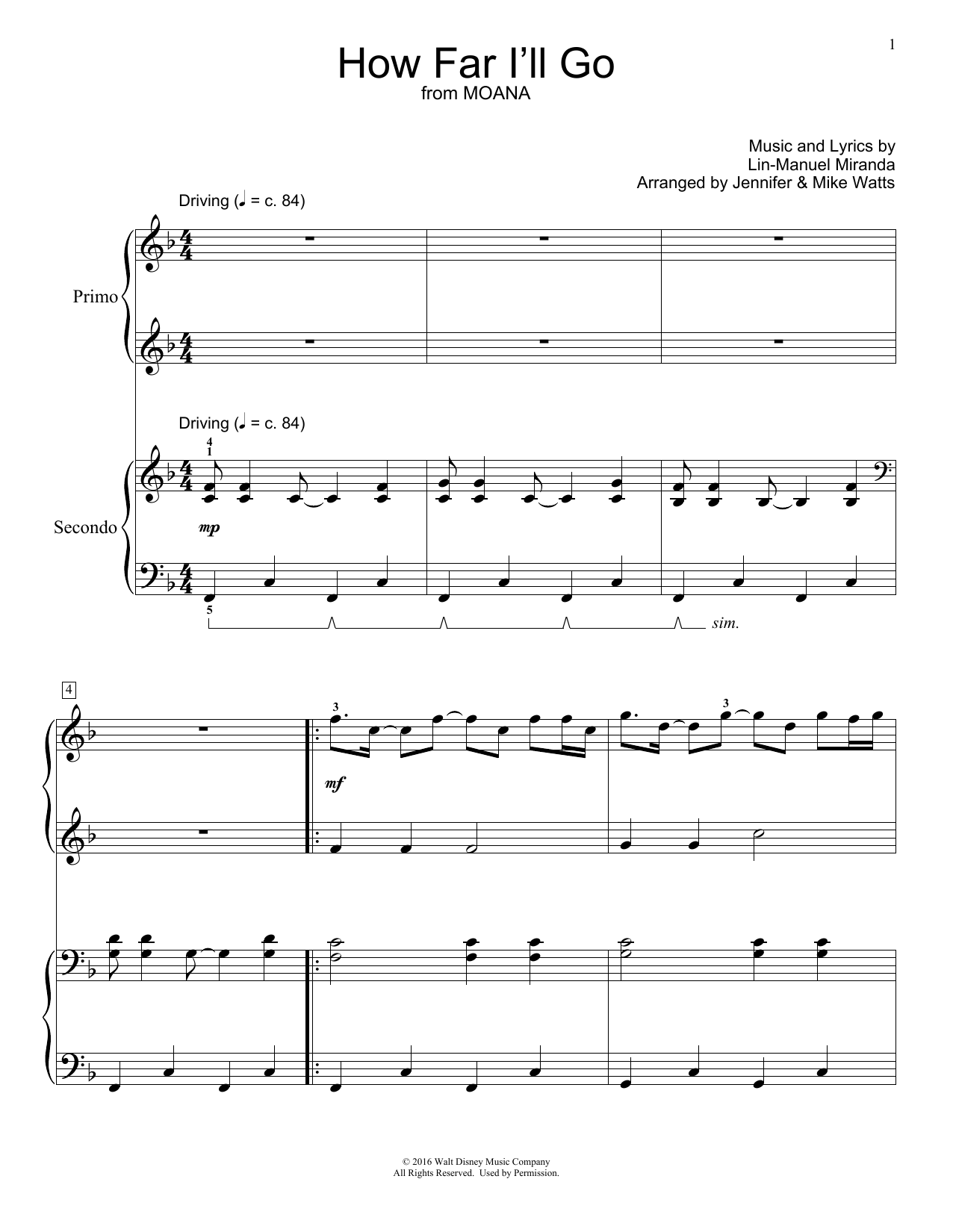 Lin-Manuel Miranda How Far I'll Go (from Moana) (arr. Jennifer and Mike Watts) sheet music notes and chords arranged for Piano Duet