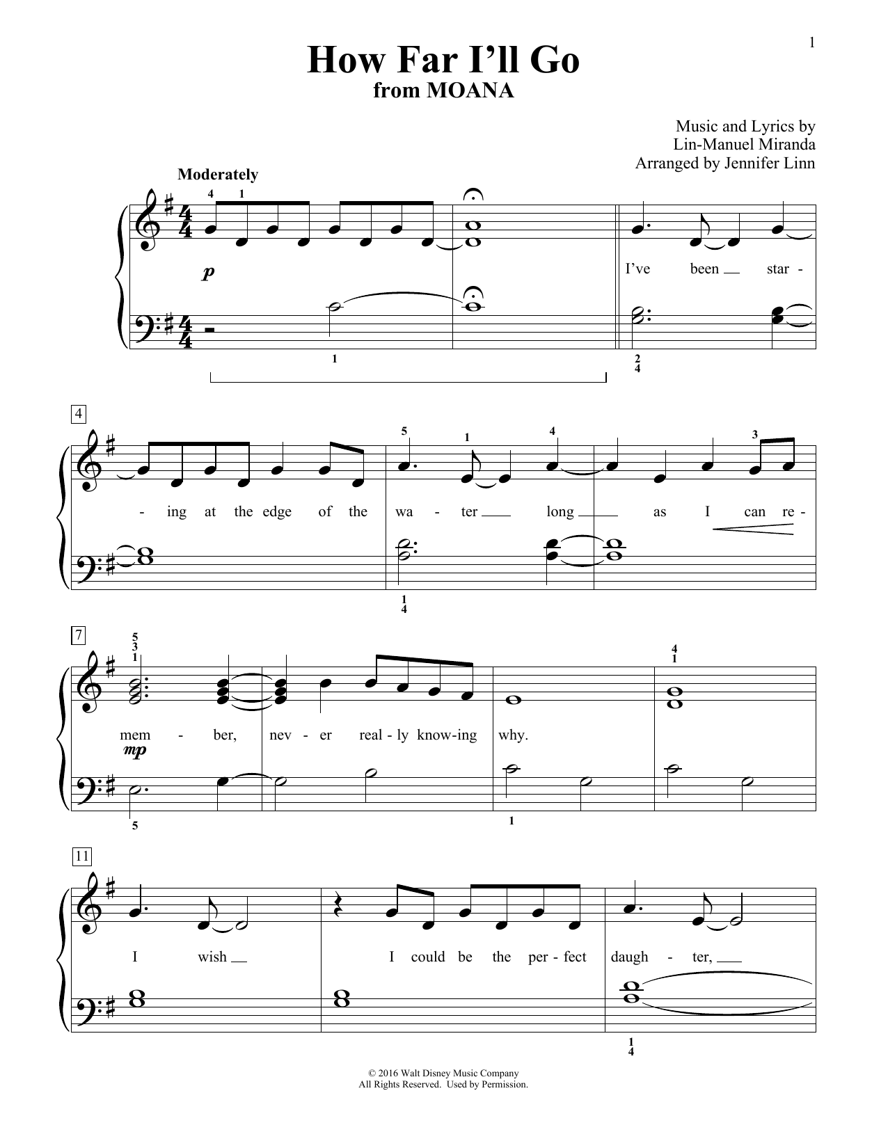 Lin-Manuel Miranda How Far I'll Go (from Moana) (arr. Jennifer Linn) sheet music notes and chords arranged for Educational Piano