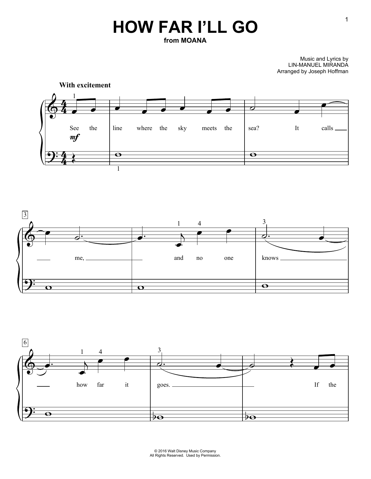 Lin-Manuel Miranda How Far I'll Go (from Moana) (arr. Joseph Hoffman) sheet music notes and chords arranged for Easy Piano